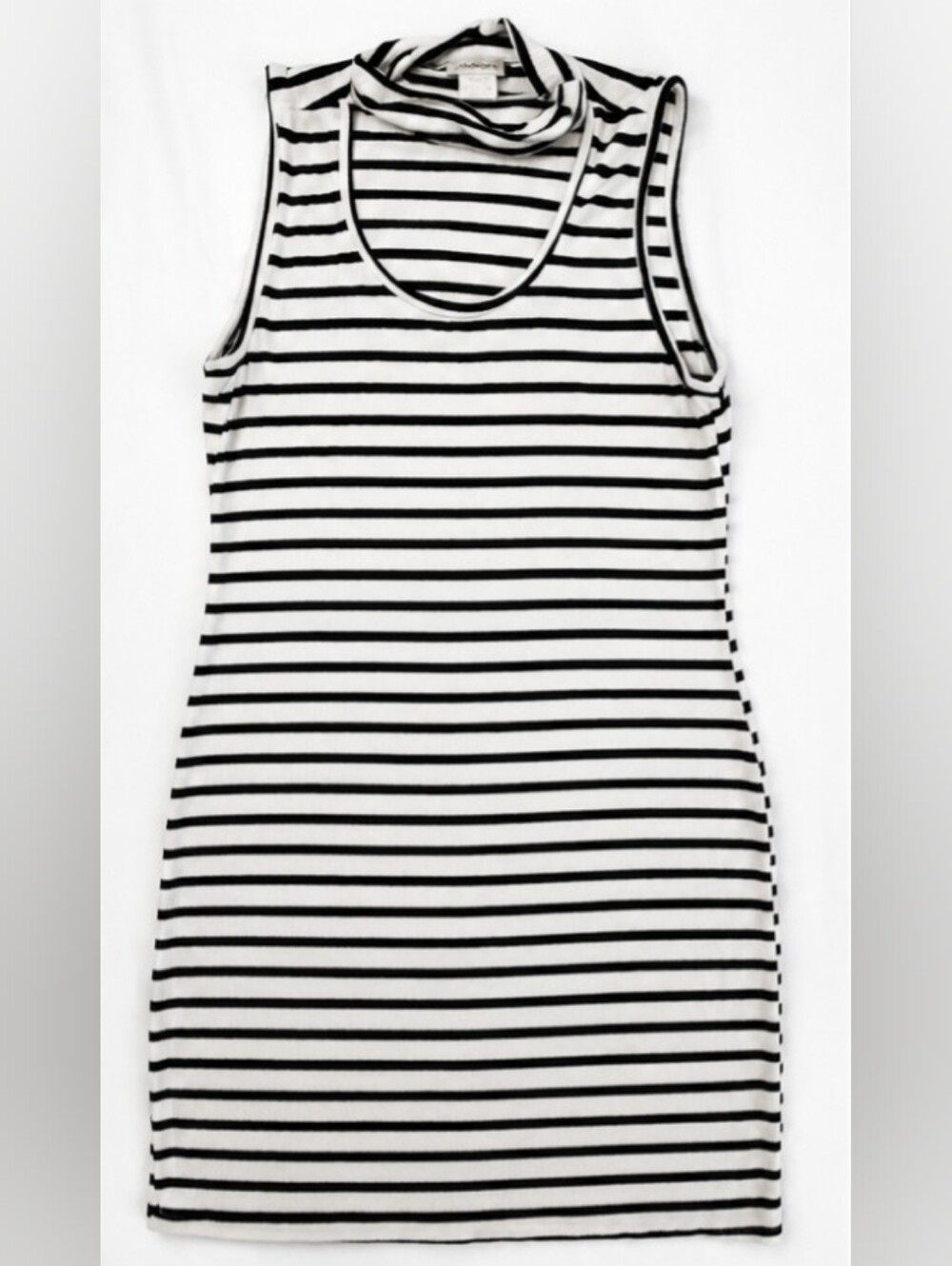 Black & White Striped Ribbed Sleeveless Mock Neck Dress